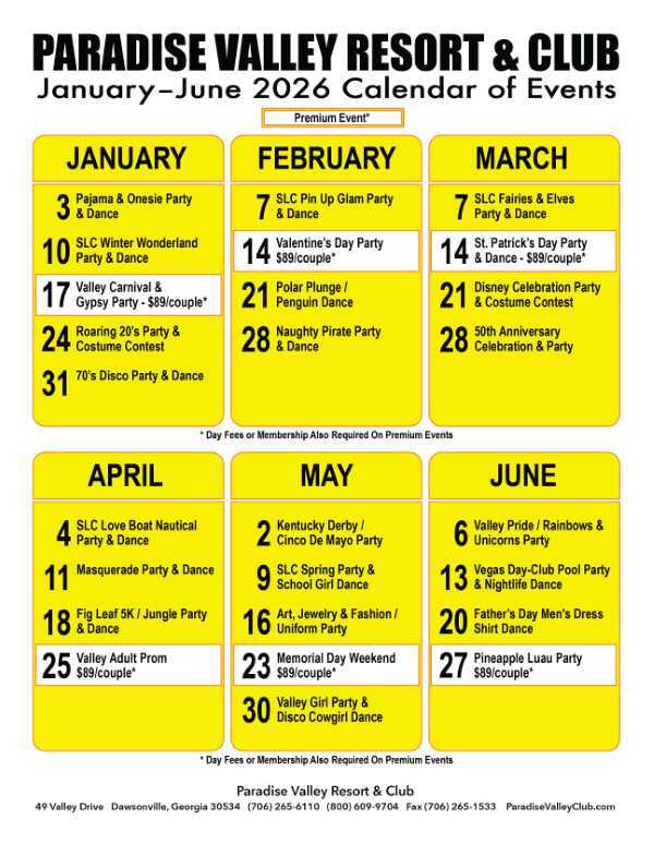 Paradise Valley Resort 2026 Theme Night party schedule.